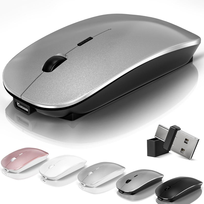 Kovess Mouse for Laptop Wireless Bluetooth - MacBook Air Mac Pro PC iPad Optical Rechargeable Silent Mouse with Jiggler Dual Mode Switch Bluetooth 5.2/3.0 and 2.4GHz USB-A and Type-C Receiver Gray - Image 1